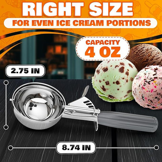 4 oz Large Ice Cream Scoop with Trigger Release #8 - Stainless Steel Cookie Scoop for Baking, Ice Cream & Cookie Dough, Comfort Grip Handle, Easy Release, Dishwasher Safe, Great as Mothers Day Gifts