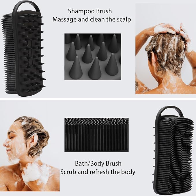 MtBoi 2 PC Silicone Body Scrubber, 2 in 1 Exfoliating Shower Bath Scrubber, Soft Silicone Loofah for Sensitive Skin, Shower Hair Scalp Massager, Easy to Clean, Lather Well (Black&Green)