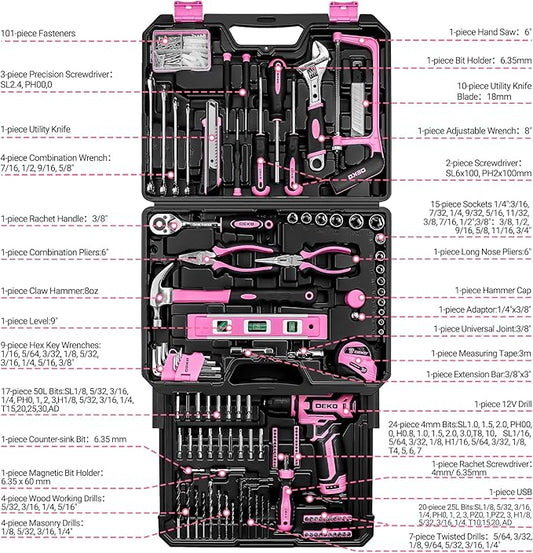 Pink Tool Kit Box Drill Set:DEKOPRO Home Mechanic Toolbox with 12V Power Cordless Drill Hand Repair Tools Sets Combo Kits Storage Organizer Drawer Case for Men & Women