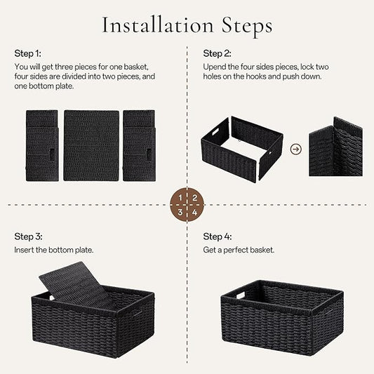UBBCARE 4 Pack Wicker Basket, 13.4L×8.3H×7.1W inch Woven Paper Rope Storage Baskets for shelves, Foldable Rectangular Storage Baskets with Handle, Storage Basket for Organizing, Black