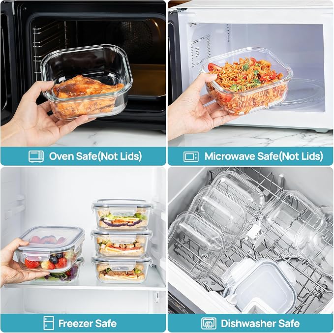 Vtopmart 5Pack 27oz Glass Storage Containers with Lids, Glass Meal Prep Food Container Sets, Sandwich Containers with Snap Airtight Lid for Microwave, Oven, Freezer and Dishwasher, Grey