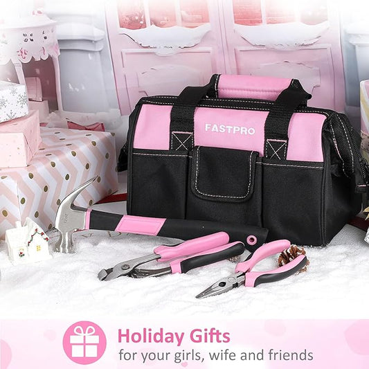 FASTPRO Pink Tool Set, 220-Piece Lady's Home Repairing Tool Kit with 12-Inch Wide Mouth Open Storage Tool Bag