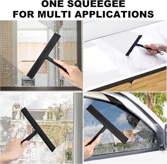 wlich Shower Squeegee for Glass Doors and Bathroom, Stainless Steel with Silicone Blade, Window and Mirror Cleaner with No-Drill Hook, Streak-Free Cleaning Tool