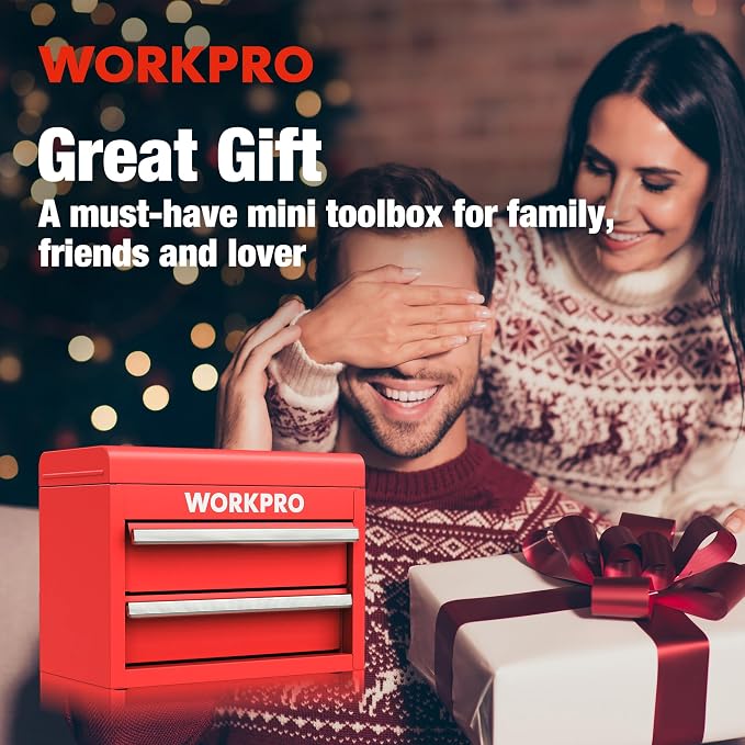 WORKPRO Mini Metal Tool Box with 2 Drawers and Top Storage | Cold Rolled Steel, Small Tool Chest, PVC Liners, PP Feet Pads, Drawer Liners & Magnetic Tabs