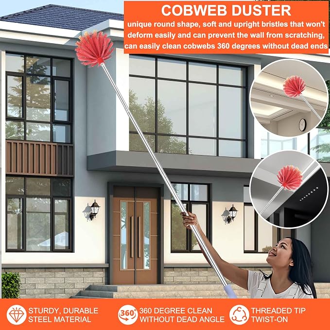 Cobweb Duster with Extension Pole, 59" Adjustable Spider Web Brush | Washable Duster with Medium-Stiff Bristles for Ceiling Fan, High Ceilings, Blinds, Furniture, Kitchen, and Home Cleaning