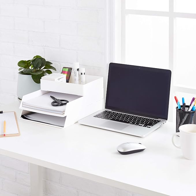 Amazon Basics Rectangular Plastic Desk Organizer with Storage Trays, Accessory Tray, Drawer Organizer, 9.4 x 6.7 x 2 inch, White (Pack of 2)