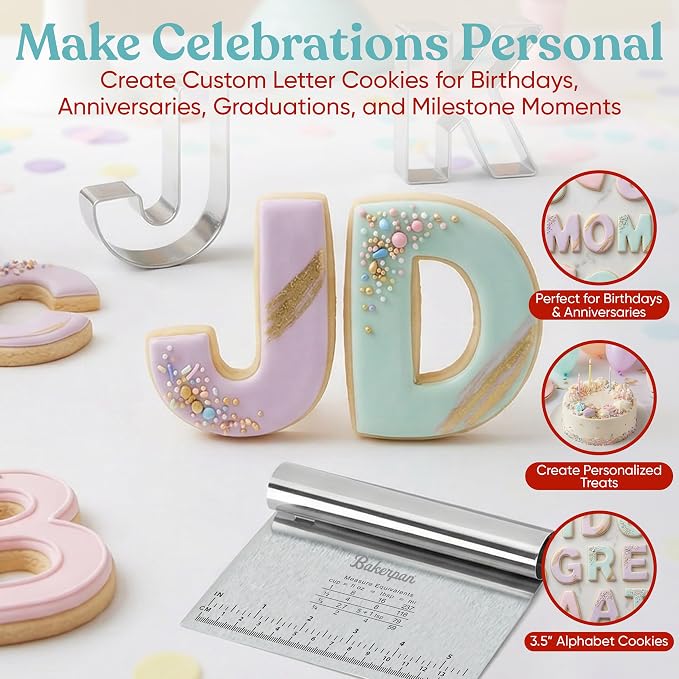 Bakerpan Stainless Steel Big Alphabet Cookie Cutter Set - 26 Large 3.5 Inch ABC Letter Cookie Cutters for Cookies, Biscuits, Fondant, Sandwiches & Cake Decorating + Bonus Dough Cutter
