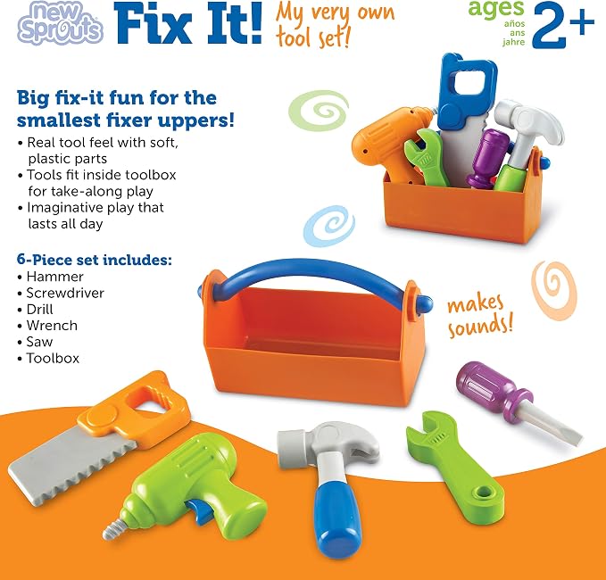 Learning Resources New Sprouts Fix It! My Very Own Tool Set - 6 Pieces, Ages 2+ Toddler Learning Toys, Develops Fine Motor Skills, Toddler Tool Set, First Tool Box, Kids Tool Set,Stocking Stuffers