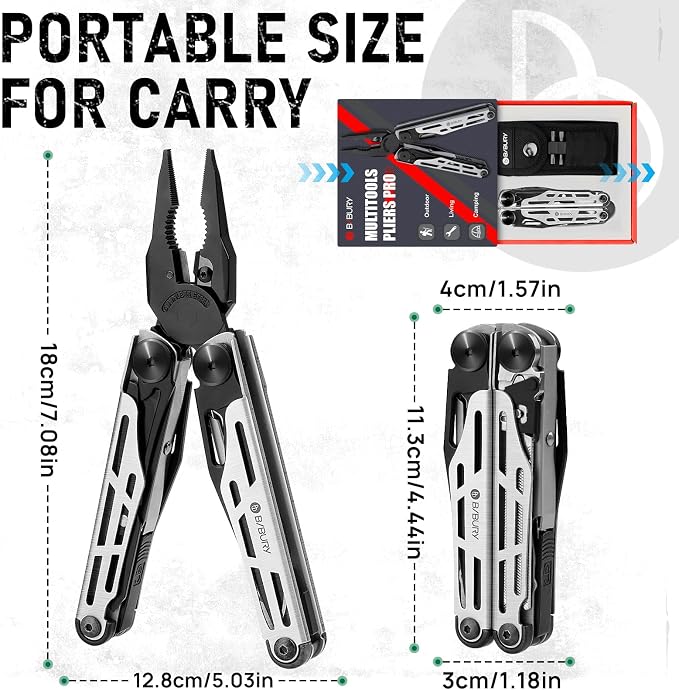 BIBURY Multitool Pliers with 440A Knife & Full Size Scissors, BI2045B | 31-in-1 Multi Tool with Replaceable Wire Cutters, Self-locking EDC Tool with Sheath, Ideal for Outdoor, DIY, Gift for Men