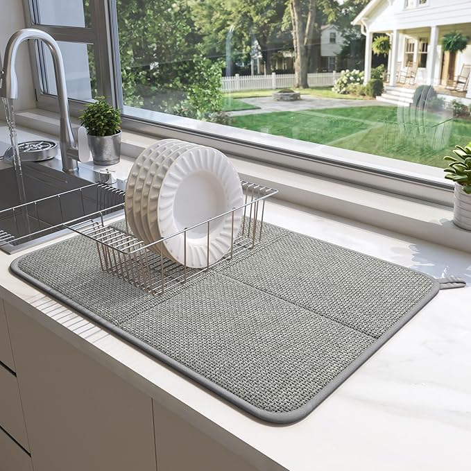YDKGL Dish Drying Mat for Kitchen Counter, Ultra Absorbent & Fast Drying Dish Mat Machine Washable Foldable Drying Pad for Countertops, Sinks, Draining Racks, Grey