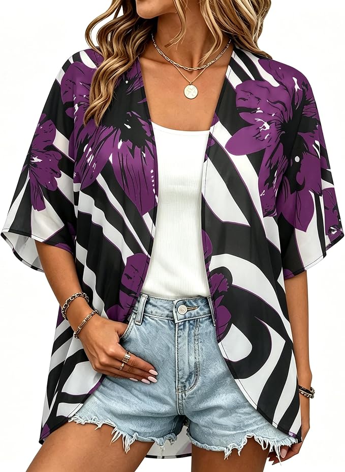 Women Kimono Cardigans Summer Cover Up Hawaiian Shirts Floral Print Tops | ROSEMIA chiffon kimono open front cardigans, beach cover ups, daily casual tops, cruise outfits, summer resort wear