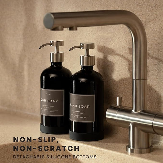 Hand and Dish Soap Dispenser for Kitchen and Bathroom, Set of 2 16 Oz Glass Bottles, Stainless Steel Pumps, Non-Slip Silicone Base, 27 Waterproof Labels (Gloss Black Bottle/Brushed Silver Pump)