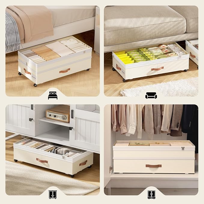 Yecaye Under Bed Storage with Wheels, 8 in-11 in Height Adjustable Under Bed Storage Containers, 90 L Under Bed Shoe Storage with Lids & Label, Rolling Underbed Storage bins for Clothes, Beige