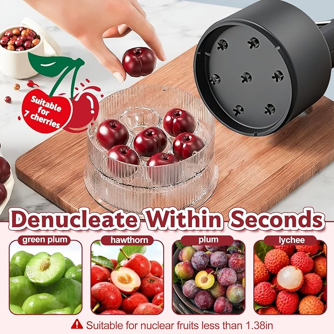 7-in-1 Cherry Pitter Tool,1.5" Extra Large Slots Making Cherry Jam | Food Grade Multi-Fruit Corer with Anti-Splatter Guard, Upgraded Easy Push Seed Remover,Dishwasher Safe