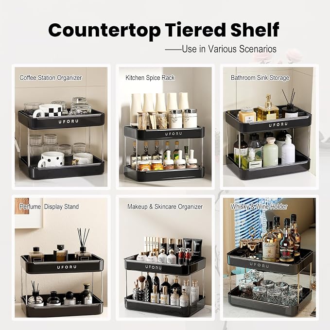 UFORU Countertop Coffee Station Organizer,Cup Rack,Mug & Wine Glass Holder | 2-Tier Black Mug Shelf with Removable Drain Tray,Bathroom Countertop Organizer,Spice Rack for Kitchen
