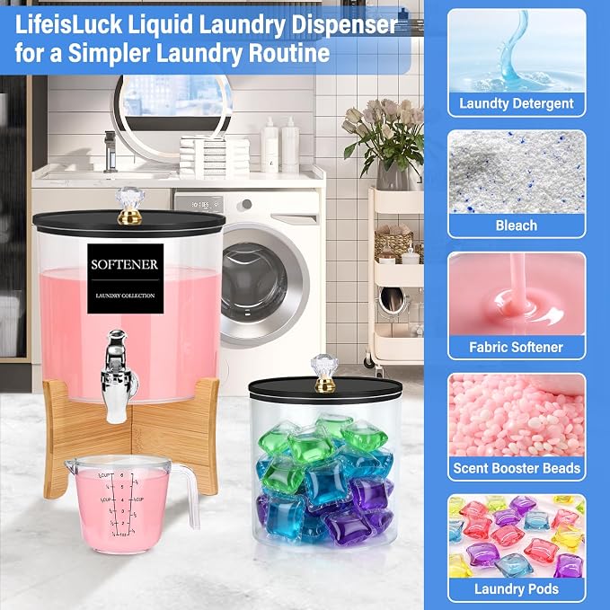 Laundry Detergent Dispenser Set 2 Pack Large & Small Liquid Laundry Soap Dispensers with Bamboo Stands Acrylic Laundry Detergent Containers Total Capacity About 1.25 Gallons Laundry Room Organization