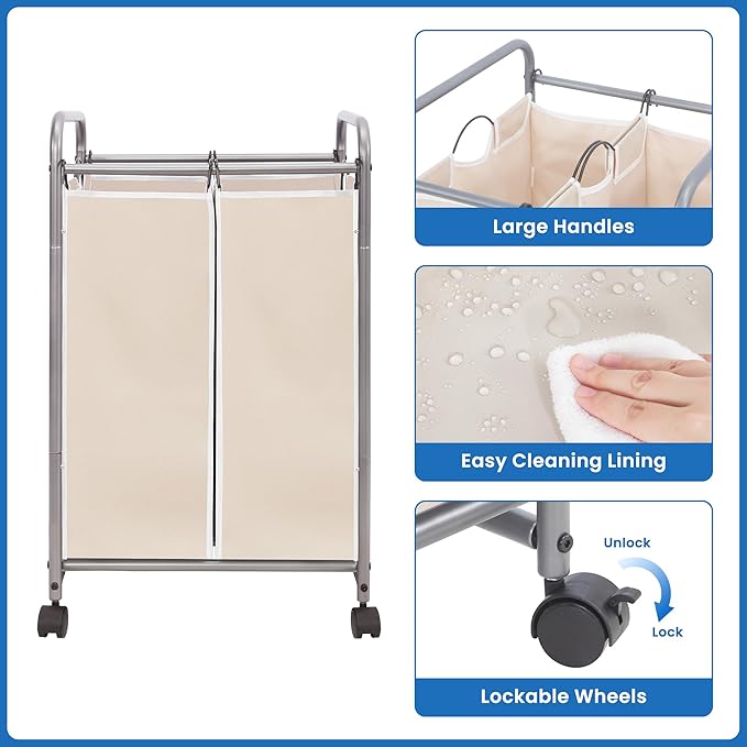 STORAGE MANIAC Laundry Sorter 2 Section, 90 L Gal Laundry Hamper with Wheels, Clothes Basket Separator Sorter, 2 Bag Cart and Removable Bags for Closet, Dorm, Collage, Beige