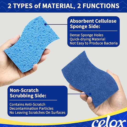 CELOX 6 Pack Non-Scratch Cellulose Scrub Sponge, Blue