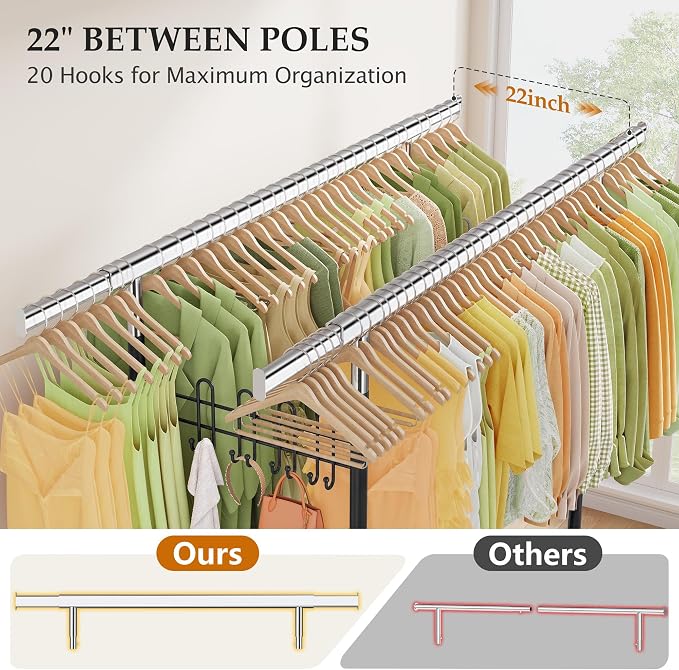 Gewudraw Clothes Rack Heavy Duty Load 900 Lbs With Wheels, Double Rod,Black | Rolling Clothing Rack, Adjustable Height, Extendable Rod, Portable, Collapsible, Shelf, Hooks,for Wardrobe,Bedroom,Commercial