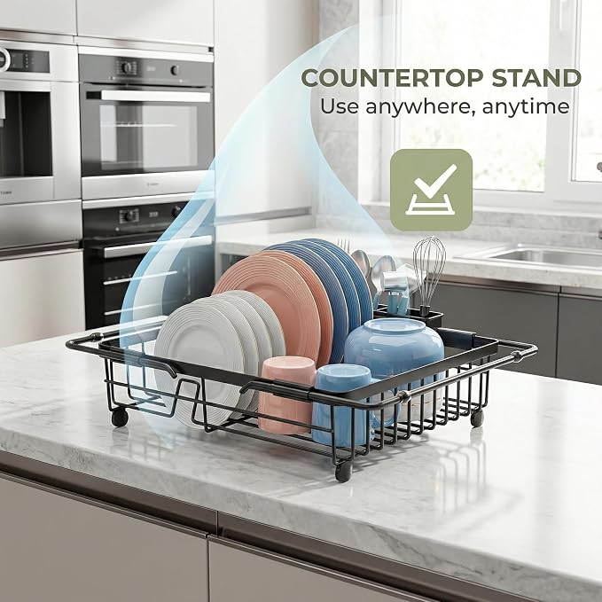 Expandable in Sink Dish Drying Rack - Adjustable Capacity Over The Sink Dish Drainer Drying Rack with Utensil Holder for Kitchen Counter, Drying Rack for Small Space,14.96“L x 11.81“W x 3.74”D