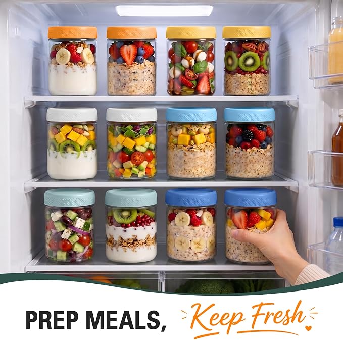 Overnight Oats Containers with Lids, Jars for Overnight Oats, Mason jar | Reusable Glass Jars, Parfait Cups with Lid for Yogurt, Chia, Pudding, Snack, Food, Spice, Breakfast, Salad, Sugar, Dressing