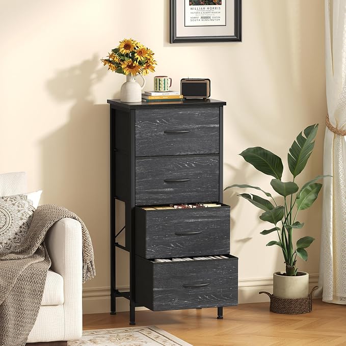 Sweetcrispy Dresser for Bedroom, 4 Drawer Storage Cabinet, Tall Nightstand | Small Fabric Dresser for Closet, Chest of Drawers, Closet Organizer, Home Furniture, Sturdy Frame, Black Wood Grain