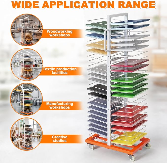 Heavy Duty Paint Drying Rack with 50 Removable Shelves, 25 lbs Capacity | Sturdy load-bearing metal frame, freely adjustable shelf spacing, easy quick assembly, vertical space-saving storage