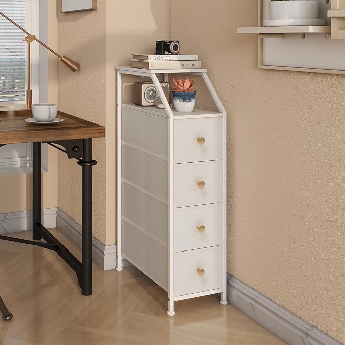 Tohomeor Narrow Dresser Tall Skinny Storage Tower Vertical Slim Chest of Drawers with Charging Station Small Nightstand Side Table for Bedroom, Bathroom, Small Spaces (White, 4 Drawers)