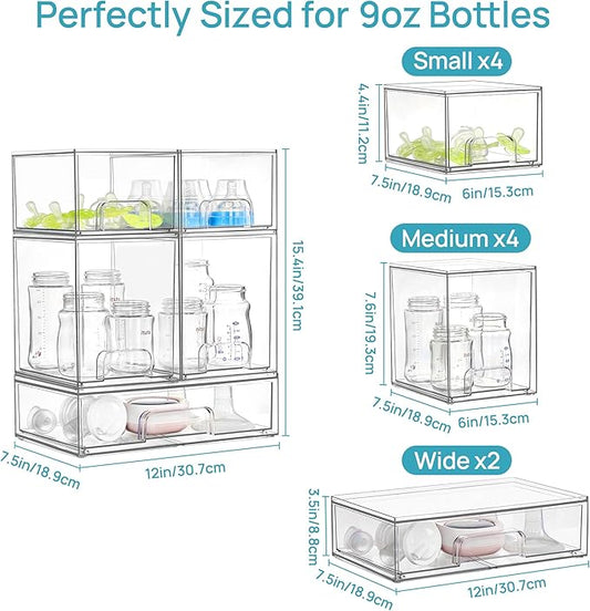 Vtopmart 10 Pack Clear Baby Bottle Organizer Set, Stackable Storage Drawers Ideal for Kichen Countertop, Vanity, Bathroom, Cabinet, Pantry Organization