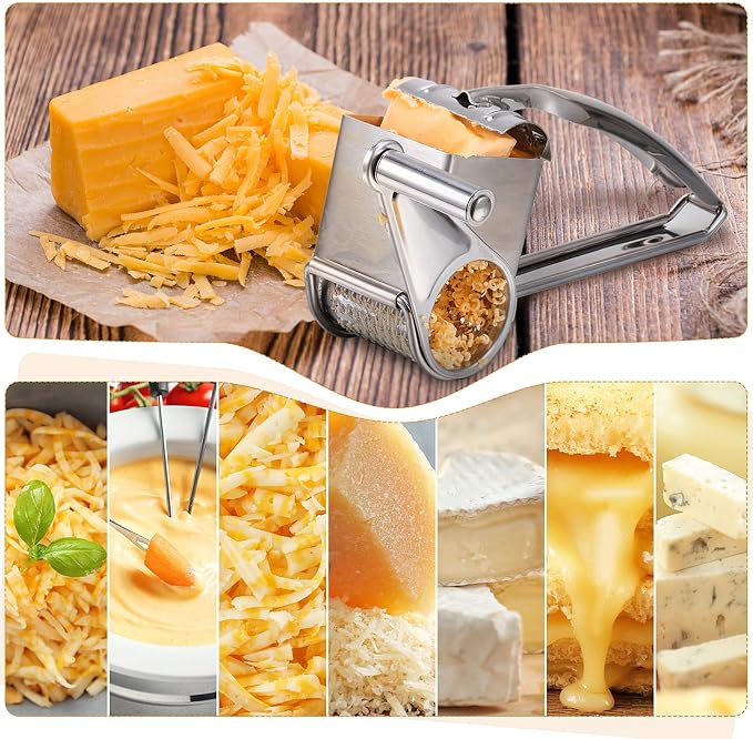Honoson Rotary Cheese Grater Stainless Steel Handheld Rotary Parmesan Grater Cheese Cutter Slicer with 4 Stainless Drum for Grating Hard Chocolate Nuts Kitchen Tool