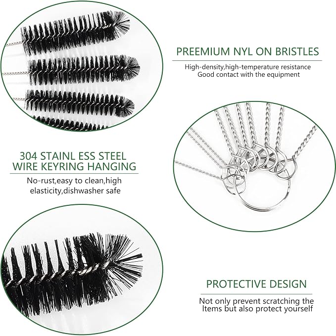 CiaraQ Bottle Cleaning Brushes, 9.8 Inch Nylon Tube Brush Set | Black Cleaner for Narrow Neck Bottles Cups with Hook, Set of 10pcs