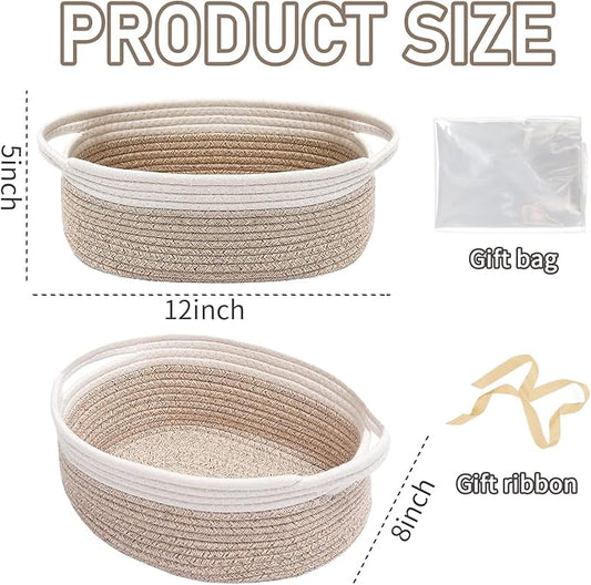 JMvicyroam Woven Basket,Small Rope Storage Bin with Handles & Ribbon Bag, Organizer for Shelves Closets,Gift Basket Empty for Birthday,Books,Dog Toys, White&Oatmeal/2 Pack