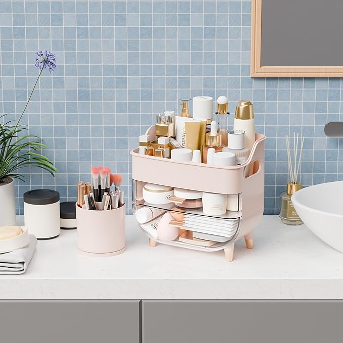 Yieach Countertop Makeup Organizers with Drawers and Handle,Large Cosmetic Organizer for Bathroom Vanity and Dressing,Pink Cosmetic Display Cases for Hair Tool,Beauty Products,Skin Care Organizer