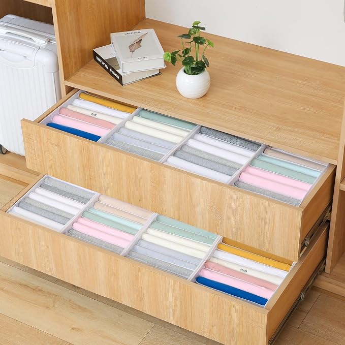 Qozary 4 Pack Drawer Organizers for Clothing, 8 Grids Foldable Closet Organizers and Storage Bins for Bedroom, Dresser Organizer Boxes for Thin T-shirts, Tank Tops (White, Upgrade Height)