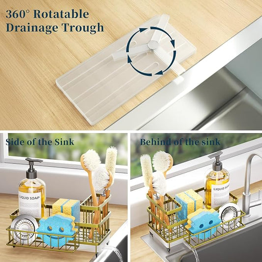 Consumest Sponge Holder for Kitchen Sink - Auto Draining Sink Caddy Organizer with Detachable Rack, High Brush Holder, Kitchen Countertop Storage Accessories, Light Gold