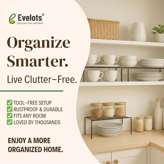 Evelots Wire Shelf Organizer Set, Metal Cabinet Shelf Risers, 2-Pack, Black | 2-Pack rustproof metal wire shelf organizers create extra storage space in kitchen cabinets, pantries, freezers and bathrooms