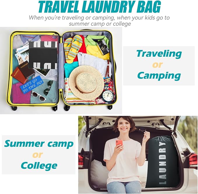 Laundry Bag,2 Pack Travel Laundry Bags for Dirty Clothes,Large Laundry Bags for Camping & Traveling,Dirty Clothes Travel Bag,24" x 36" (Black+ Gray)
