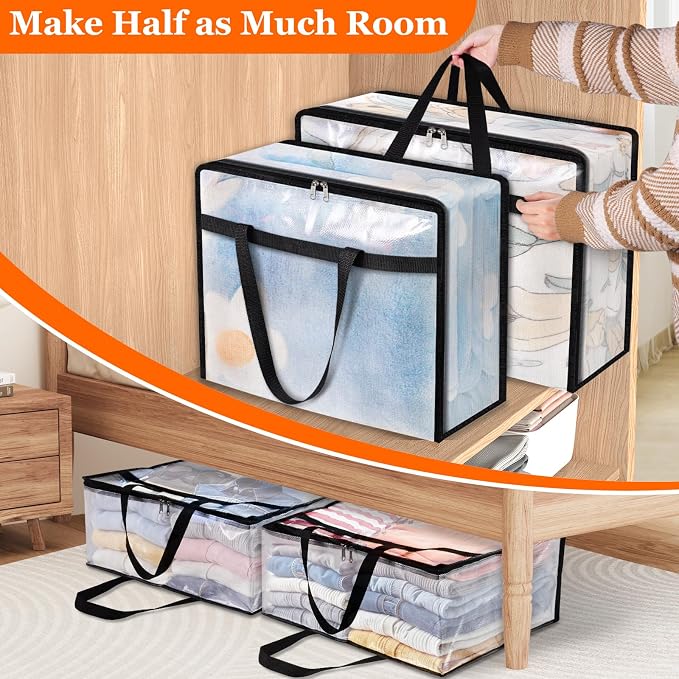 TasticTotes 4 Pack Clear Storage Bags for Comforter, Clothes & Bedding, 60L | Plastic Blanket Storage with Zipper & Handle, Foldable Moving Bags, Closet Organizer and Under-Bed Storage Containers