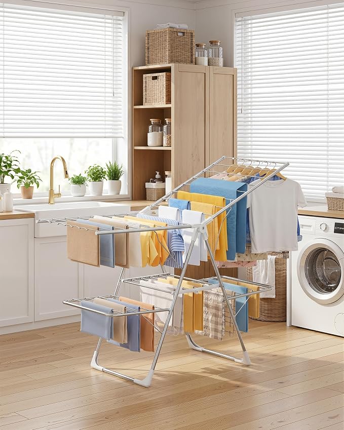 Sakugi Clothes Drying Rack, Foldable 2-Level with 55.5" Adjustable Wings | Laundry Room, Bedroom, Indoor & Outdoor Use, Height Adjustable, Clothing & Bedding, 55.5" L × 22.8" W, Silver and White