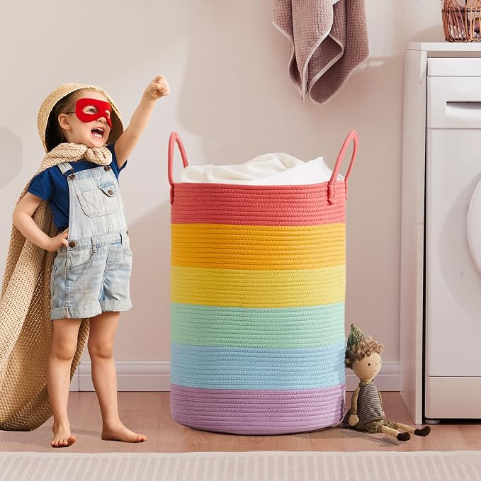80L Extra Large Rainbow Laundry Hamper Basket for Girls Kids Tall | Unicorn Nursery Toddler Hamper for Clothes Woven Rope Toy Storage Basket in Playroom Bedroom 16"D x 22"H