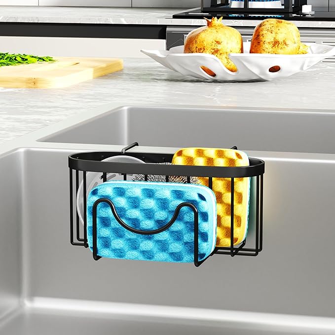 HapiRm Sponge Holder for Kitchen Sink - Rustproof Hanging Kitchen Caddy for Double-Bowl Sink, Center Divider width less than 1.5in- Black