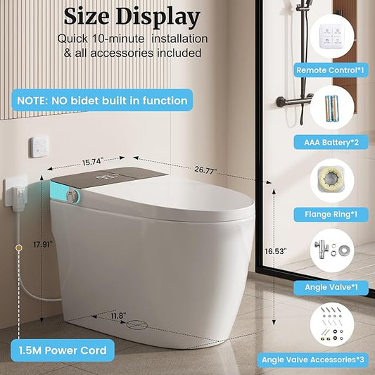 Smart Toilet with Heated Seat, Foot Sensor Auto Flush, One Piece Toilet for Bathroom, Electric Tankless Toilets with Night Light, LED Display, Dual Flush Remote - Pre-Wetting