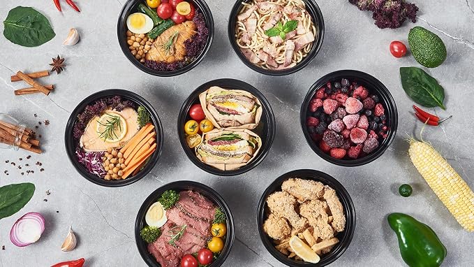 FULING 38 oz 50 ct Round Meal Prep Containers with Lids Plastic Food Storage To Go Lunch Plan Box Disposable Take Out Bowls Black BPA Free Reusable Durable Stackable Microwave Freezer Dishwasher Safe