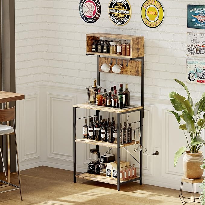 Baker's Rack for Kitchen with Outlet, Microwave Stand with Adjustable Shelves and 10 s Hooks, 6-Tier Coffee Bar Station with Storage, Kitchen Shelves for Spices, Pots