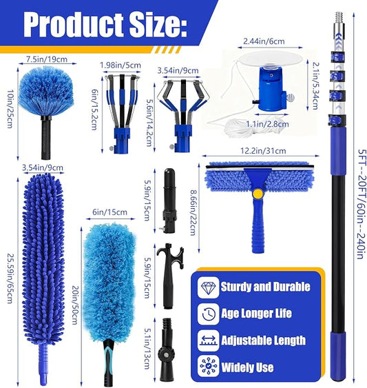 26FT Light Bulb Changer Kit with Ceiling Fan Cleaner Extension Pole Blue | Telescoping Lightbulb Changing Pole,Cobweb Brush Extendable Duster,Spider Web Brush and Window Squeegee Cleaning