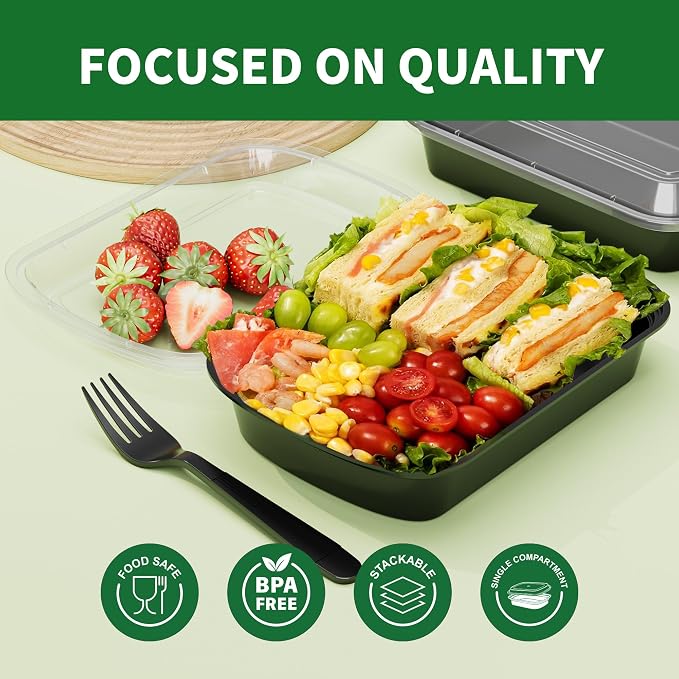 Meal Prep Containers, 50 Pack 12oz Disposable Take Out Food Storage Containers with Leakproof Lids, Reusable Plastic To Go Lunch Boxes, BPA Free, Microwave/Dishwasher/Freezer Safe