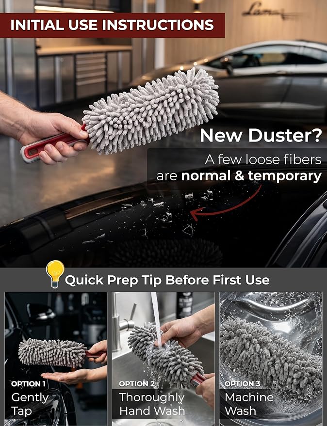 TAKAVU Car Duster Interior, 360° Microfiber Fingers, Lint & Scratch Free | Unbreakable Comfort Handle Duster, Includes Microfiber Towel, Lint-Free & Safe for Car & Home Interior, Gray