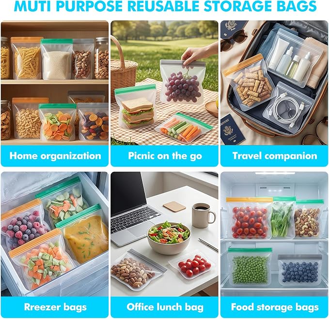 10 Pack Reusable Freezer Bags, Leakproof Reusable Silicone Food Storage Bags BPA Free Contaizers, Snack Sandwich Gallon Bags for Meal Prep, Marinate Meat, Salad Fruit, Veggies, Lunch, Travel, Kitchen