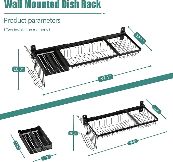 Adjustable Stainless Steel Wall Mounted Over the Sink Dish Drying Rack, Large Capacity Pot Rack Dish Rack with Utensil Holder for Kitchen Storage Organizer Patent Pending (Black)