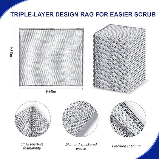 Wangjinpeng 12 PCS 3-Layer Non-Scratch Multipurpose Steel Wire Dishcloths - Reusable Quick-Dry Odor-Free Scrub Cloths for Dishes, Kitchen Cleaning Cloths for Cookware, Sinks, Stove Tops(9.84X9.84)